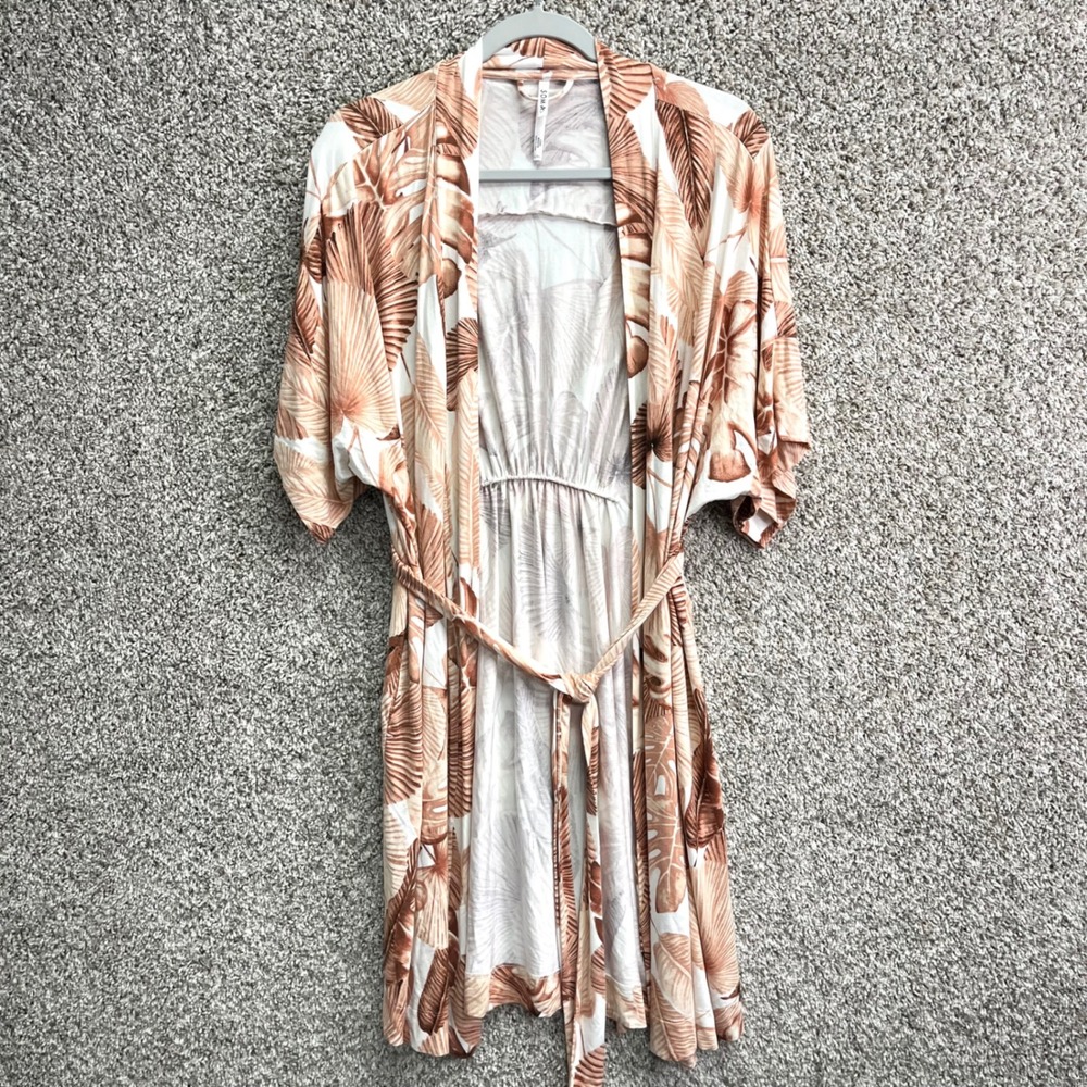 Soma Robe Women's L/XL Tan Tropical Palm Leaf Cool Nights Belted